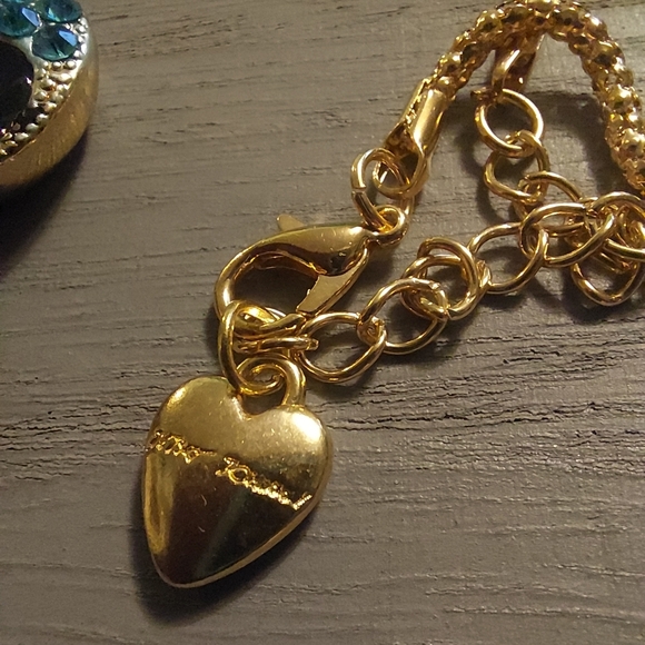 Betsey Johnson Gold Toned Blue Rhinestone Teddy Bear Red Heart Pendant Necklace - Picture 14 of 17